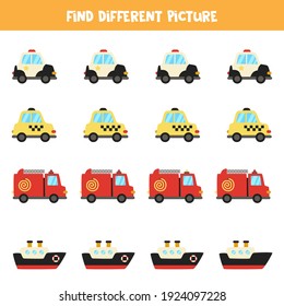 Find different picture of transport. Educational logical game for kids.
