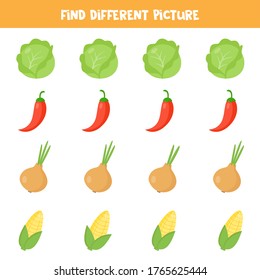 Find different picture of vegetable in each row. Educational worksheet for kids. Logical puzzle for preschoolers. Printable worksheet. 
