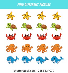 Find different sea animalsin each row. Logical game for kids. Cartoon animals. Vector