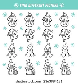 Find different snowman  in each row. Christmas Logical game for kids. Cartoon snowmen. Doodle. Vector