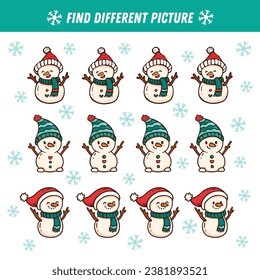 Find different snowman  in each row. Christmas Logical game for kids. Cartoon snowmen. Doodle. Vector