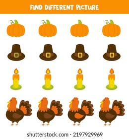 Find different Thanksgiving item in each row. Logical game for kids.