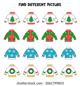 Find different ugly Christmas sweater in each row. Logical game for preschool kids.