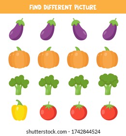Find different vegetable in each row. Cute cartoon eggplant, pumpkin, broccoli, tomato. Educational logical game for kids.