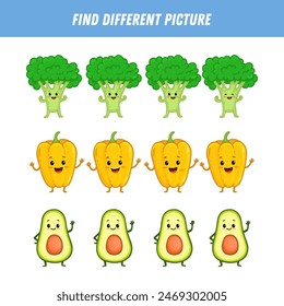 Find different vegetable each row. Logical game for kids. Cartoon character. Broccoli, pepper, avocado. Doodle. Vector

