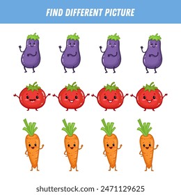 Find different vegetable each row. Logical game for kids. Cartoon character. Eggplant, tomato, carrot. Doodle. Vector