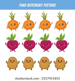 Find different vegetable each row. Logical game for kids. Cartoon character. Beet, potato, onion. Flat style. Vector illustration