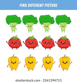 Find different vegetable each row. Logical game for kids. Cartoon character. Broccoli, tomato, pepper. Flat style. Vector illustration
