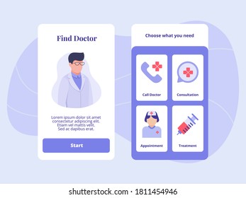 Find doctor call consultation appointment treatment for mobile apps template banner page UI with two variations modern flat color style
