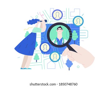 Find a doctor -medical insurance illustration -modern flat vector concept digital illustration - a hand with a magnifying glass, a woman with binocular, doctors portraits - a doctor searching metaphor