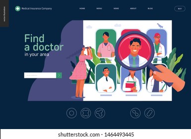 Find a doctor -medical insurance template -modern flat vector concept digital illustration - a hand with a magnifying glass, a woman with binocular, doctors portraits - a doctor searching metaphor