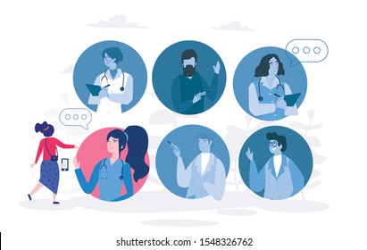 Find a doctor, medical insurance Vector illustration.for web banner, infographics, mobile website. doctors portraits - a doctor searching metaphor