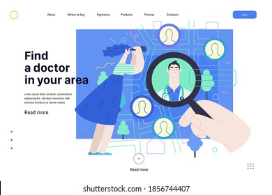 Find a doctor -medical insurance web page template -modern flat vector concept digital illustration -hand with a magnifying glass, woman with binocular, doctors portraits - a doctor searching metaphor