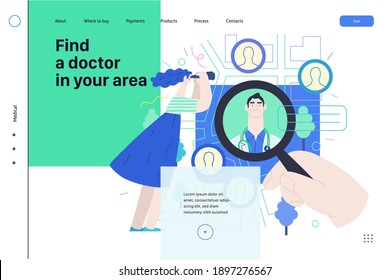 Find a doctor -medical insurance web page template -modern flat vector concept digital illustration -hand with a magnifying glass, woman with binocular, doctors portraits - a doctor searching metaphor