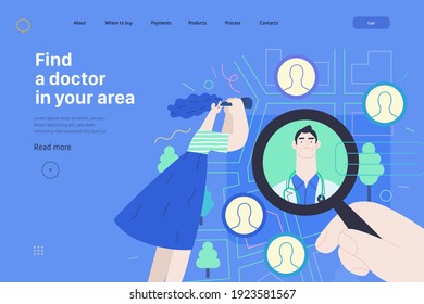 Find a doctor -medical insurance web page template -modern flat vector concept digital illustration -hand with a magnifying glass, woman with binocular, doctors portraits - a doctor searching metaphor