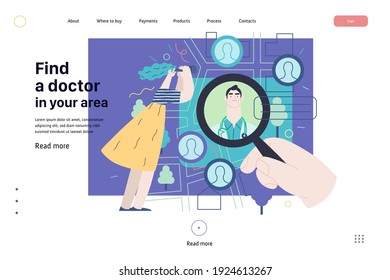 Find a doctor -medical insurance web page template -modern flat vector concept digital illustration -hand with a magnifying glass, woman with binocular, doctors portraits - a doctor searching metaphor