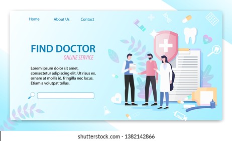 Find Doctor Online Service Vector Illustration. Female Professional Physician Man Patient Medical Healthcare Hospital Search Mobile Phone Application Emergency Help Ilness Treatment