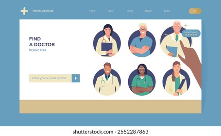 Find a Doctor. Team of Medical Specialists. Rating. Hand point on a Doctor. Insurance Landing Page Design Template. Website Banner.