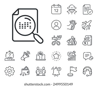 Find document sign. Salaryman, gender equality and alert bell outline icons. Search file line icon. Magnify glass. Search file line sign. Spy or profile placeholder icon. Vector