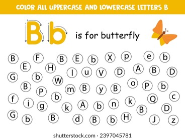 Find and dot all letters B. Educational worksheet for learning alphabet. ABC letters. B is for butterfly.