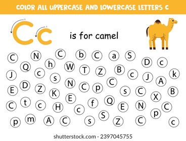 Find and dot all letters C. Educational worksheet for learning alphabet. ABC letters. C is for camel.