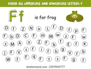 Find and dot all letters F. Educational worksheet for learning alphabet. ABC letters. F is for frog.