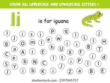 Find and dot all letters I. Educational worksheet for learning alphabet. ABC letters. I is for iguana.