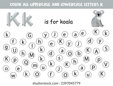 Buscar y puntear todas las letras K. Hoja de cálculo educativa para el aprendizaje del alfabeto. Cartas ABC. K es por koala.