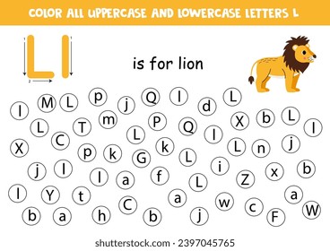 Buscar y puntear todas las letras L. Hoja de cálculo educativa para el aprendizaje del alfabeto. Cartas ABC. L es para el león.