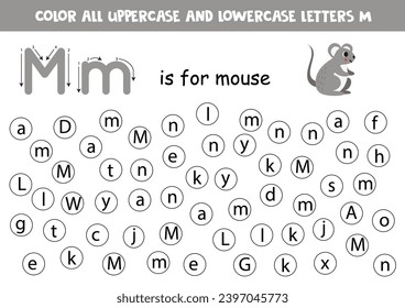 Find and dot all letters M. Educational worksheet for learning alphabet. ABC letters. M is for mouse.