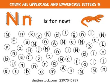 Find and dot all letters N. Educational worksheet for learning alphabet. ABC letters. N is for newt.