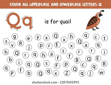 Find and dot all letters Q. Educational worksheet for learning alphabet. ABC letters. Q is for quail.