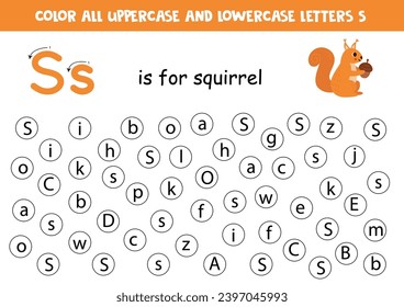 Find and dot all letters S. Educational worksheet for learning alphabet. ABC letters. S is for squirrel.