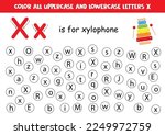 Find and dot all letters X. Educational worksheet for learning alphabet. X is for xylophone.