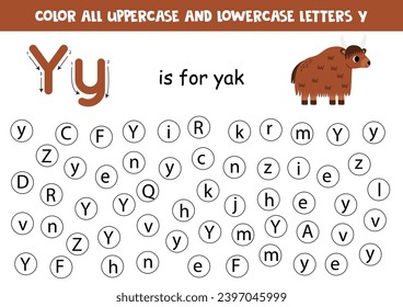 Find and dot all letters Y. Educational worksheet for learning alphabet. ABC letters. Y is for yak.