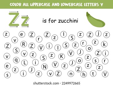 Find and dot all letters Z. Educational worksheet for learning alphabet. Z is for zucchini.