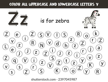 Find and dot all letters Z. Educational worksheet for learning alphabet. ABC letters. Z is for zebra.
