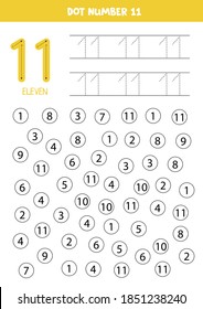 Buscar y número de punto once. Aprendiendo el número 11 con los niños. Hoja de trabajo educativa. 