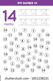 Find and dot number fourteen. Learning number 14 with kids. Educational worksheet. 