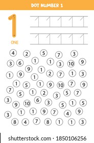 Find and dot number one. Learning number 1 with kids. Educational worksheet. 