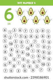 Find and dot number six. Learning number 6. Cute avocados.