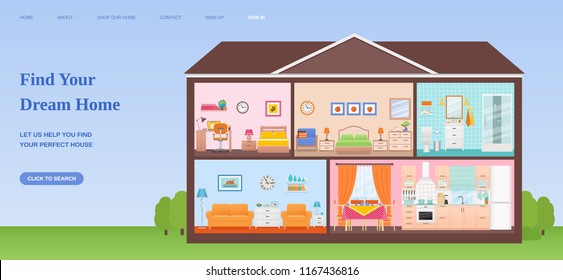 Find dream home web page design templates. Vector. House cross section with rooms Interiors horizontal banner. Illustration concept for website, mobile website, slide, site, infographic in flat style.