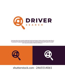 Find driver, steering wheel combine with magnifying glass logo design modern concept