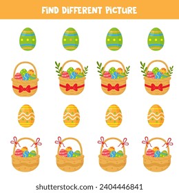 Find Easter basket and Easter egg which is different from others. Worksheet for kids.