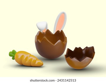 Encuentra a Conejito de Pascua. La mitad de huevo de chocolate roto vacío, orejas de conejo, zanahoria naranja