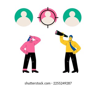 Find employee with talents by hiring managers or employers. Career concept. Flat vector illustration isolated on white background
