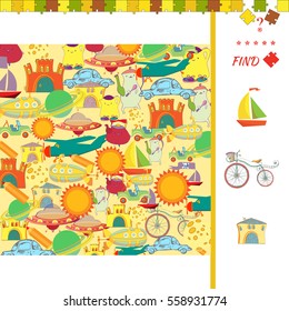 Find Equal Pairs Activity Task For Kids. Search Two Identical Picture Of Bike, Houses And Ship