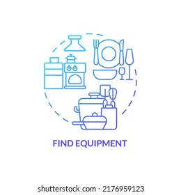 Find equipment blue gradient concept icon. Starting restaurant abstract idea thin line illustration. Buy kitchen appliances, supplies. Isolated outline drawing. Myriad Pro-Bold font used