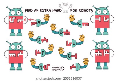 Find an extra hand for robots. Matching game. Educational game for children. Attention task. Find the correct outline. Choose correct answer. Find the missing piece of picture. Cartoon characters