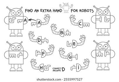 Find an extra hand for robots. Matching game. Educational game for children. Attention task. Find the correct shadow. Choose correct answer. Find the missing piece of picture. Coloring book